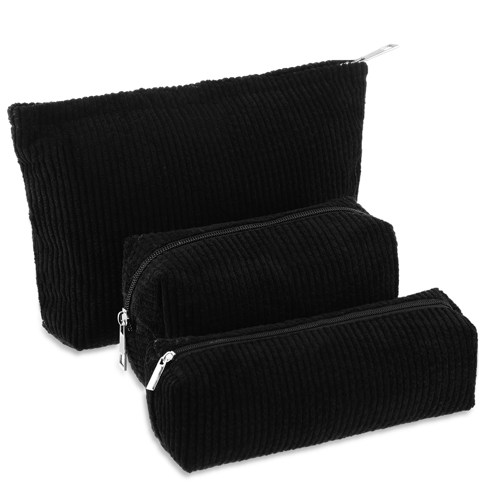 Huhumy 3 Pcs Makeup Bag Set for Women Corduroy Cosmetic Pouch Aesthetic Black