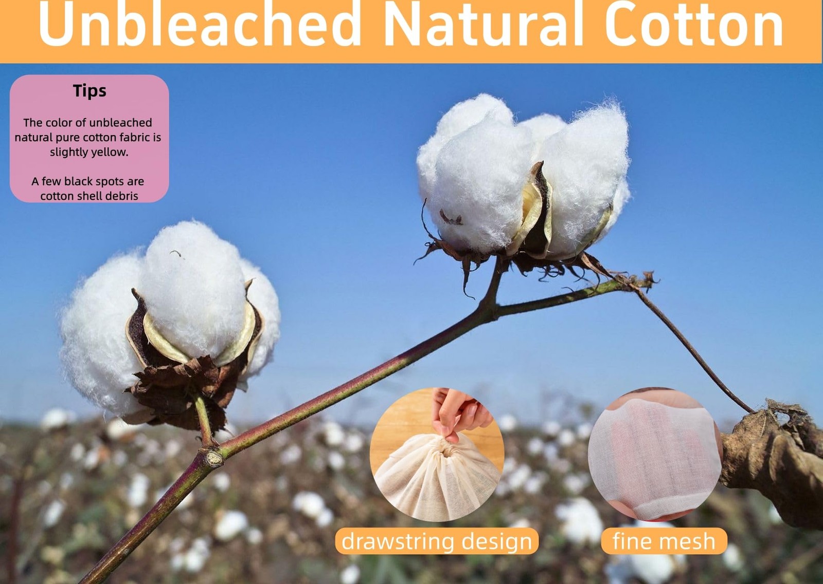 [50-Pack Natural Unbleached] Cotton Muslin Drawstring 3×4″, Cream/Tan