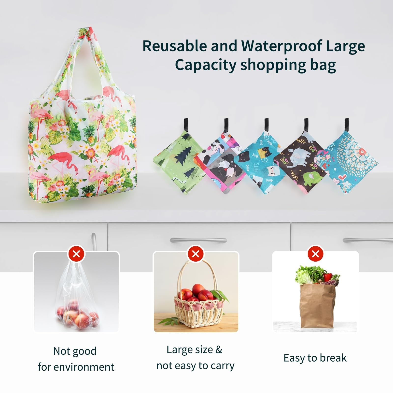 Reusable Grocery Shopping Bags 6 Pack, Foldable Tote Bags with Attached Pouch…