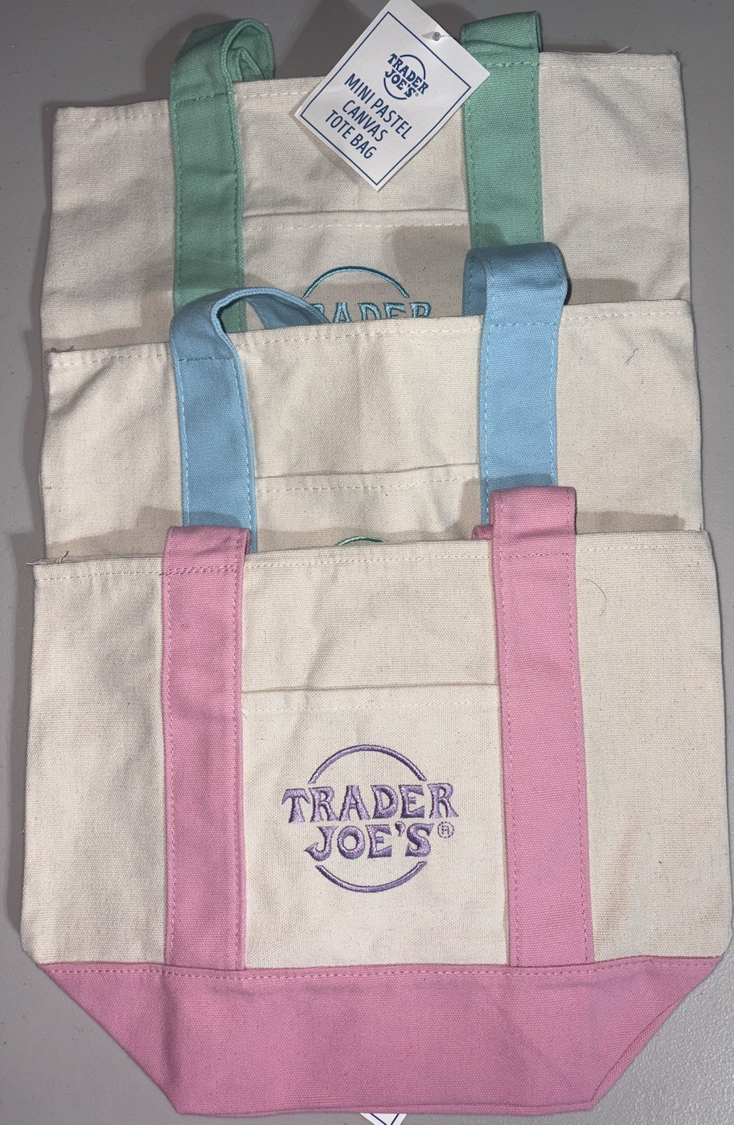 (Set of 3) Trader Joe’s Mini Canvas Tote Bags – Pink, Blue & Mint Green