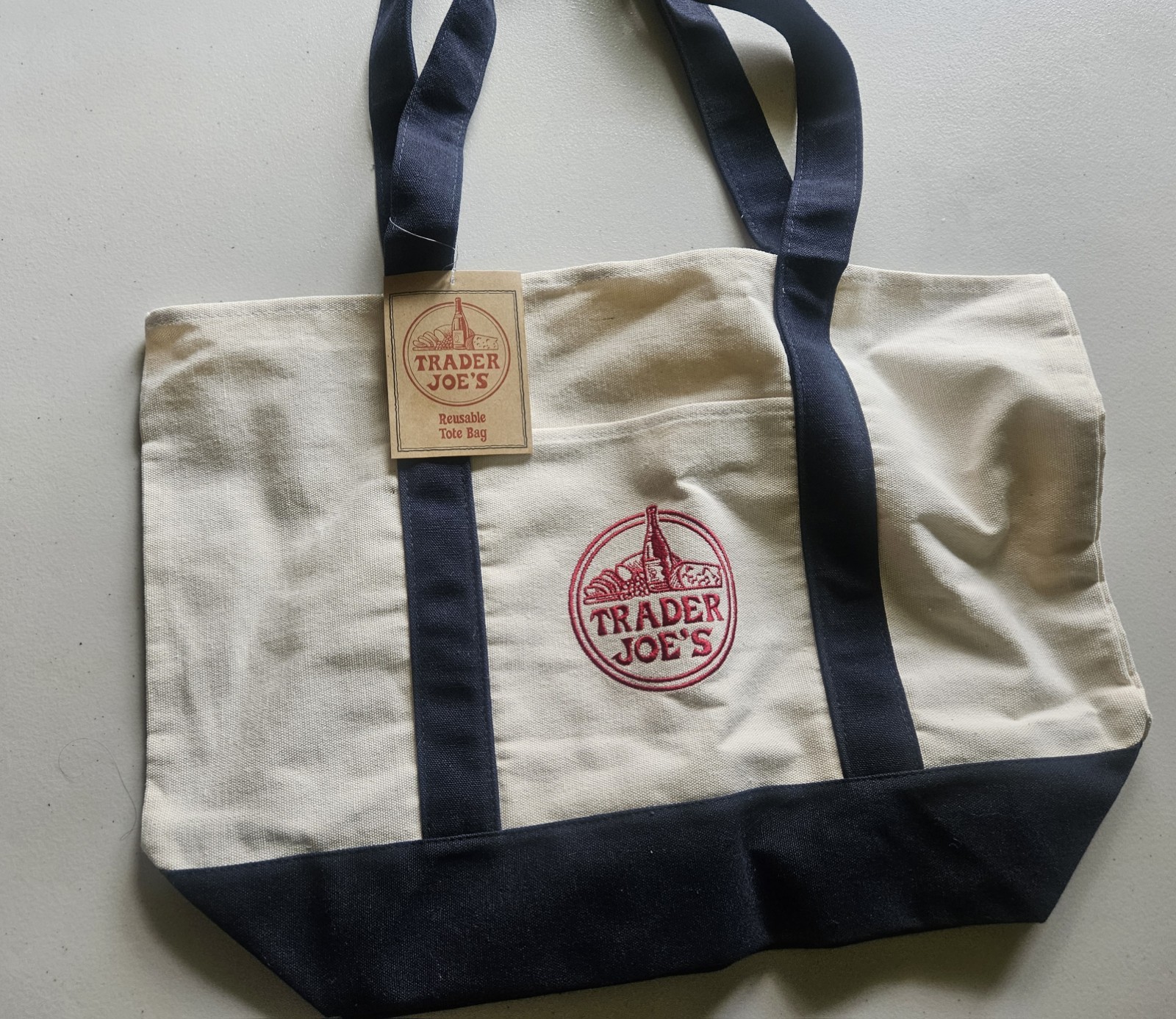 Trader Joe’s Large Polyester Reusable Tote Bag Beige/Blue Logo 20×20 14″