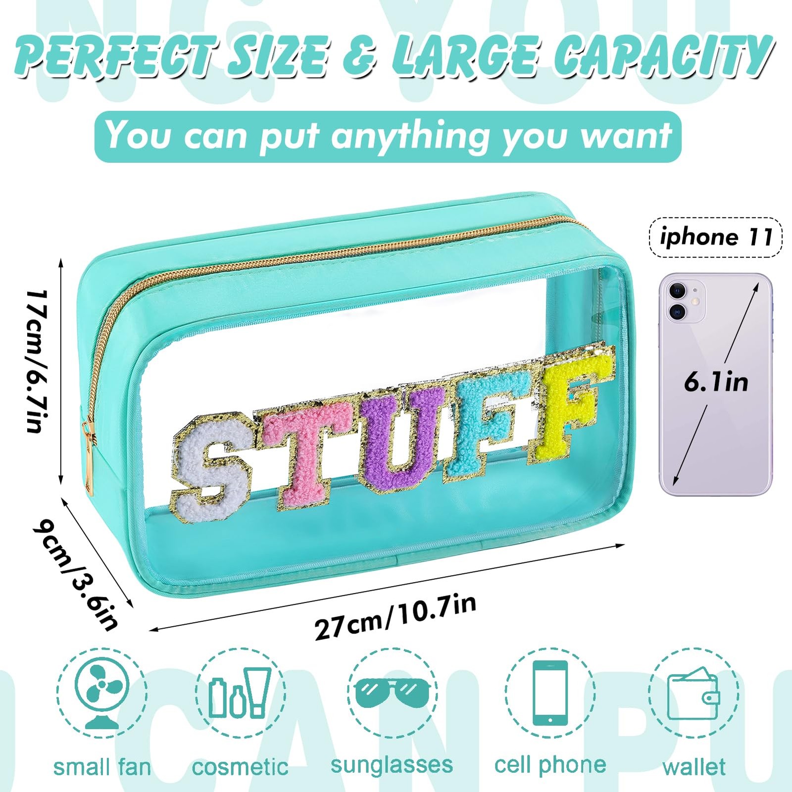 URSKYTOUS Chenille Letter Clear Makeup Bag Nylon Preppy Patch CF Green-STUFF