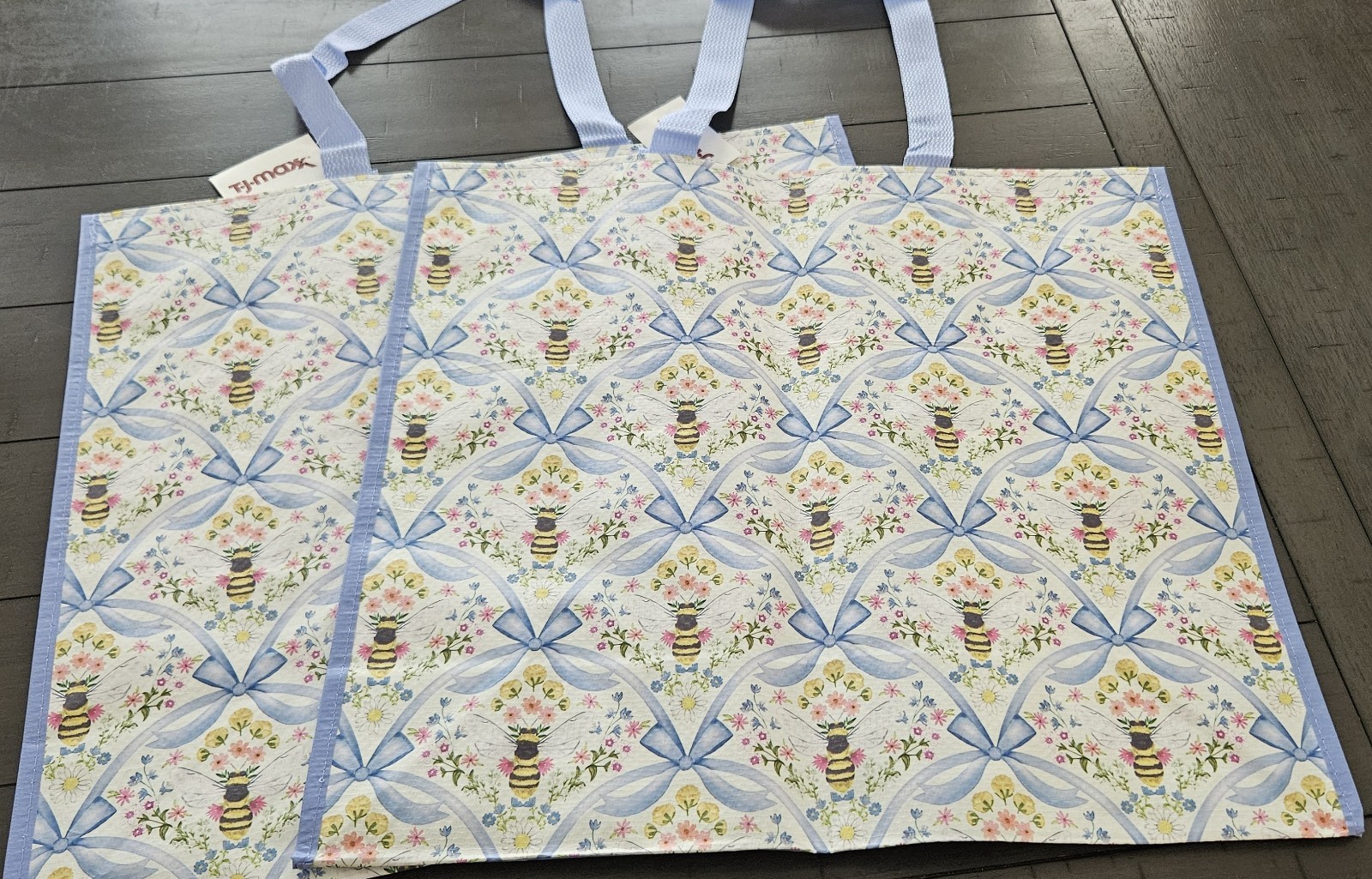 NEW Lot 2 TJ Maxx Blue Ribbon Bow XL Reusable Eco Tote Bags Gift