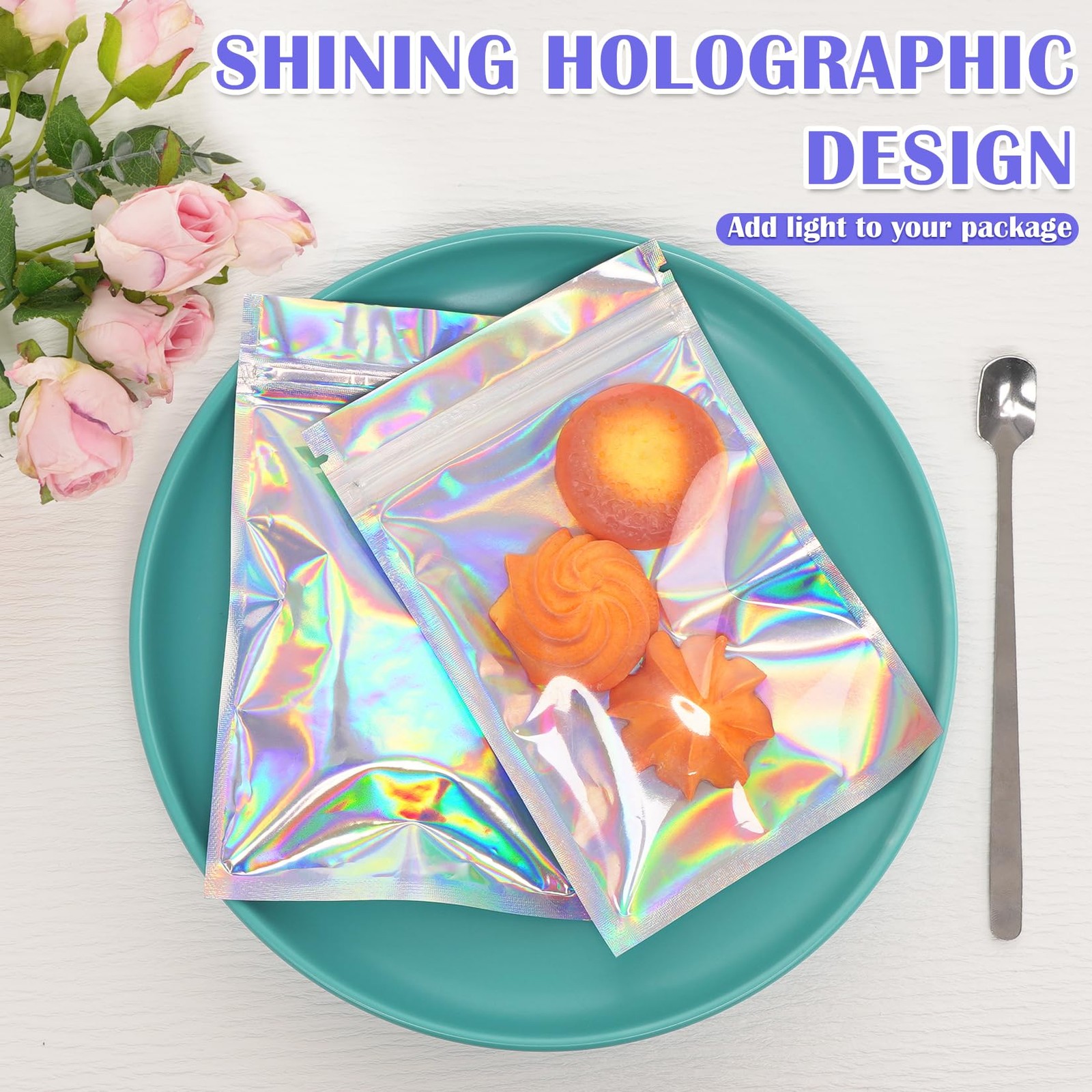 Jetmore 100 Pcs Smell Proof Bag, Mylar Bags with Clear 4*6inch, Holographic