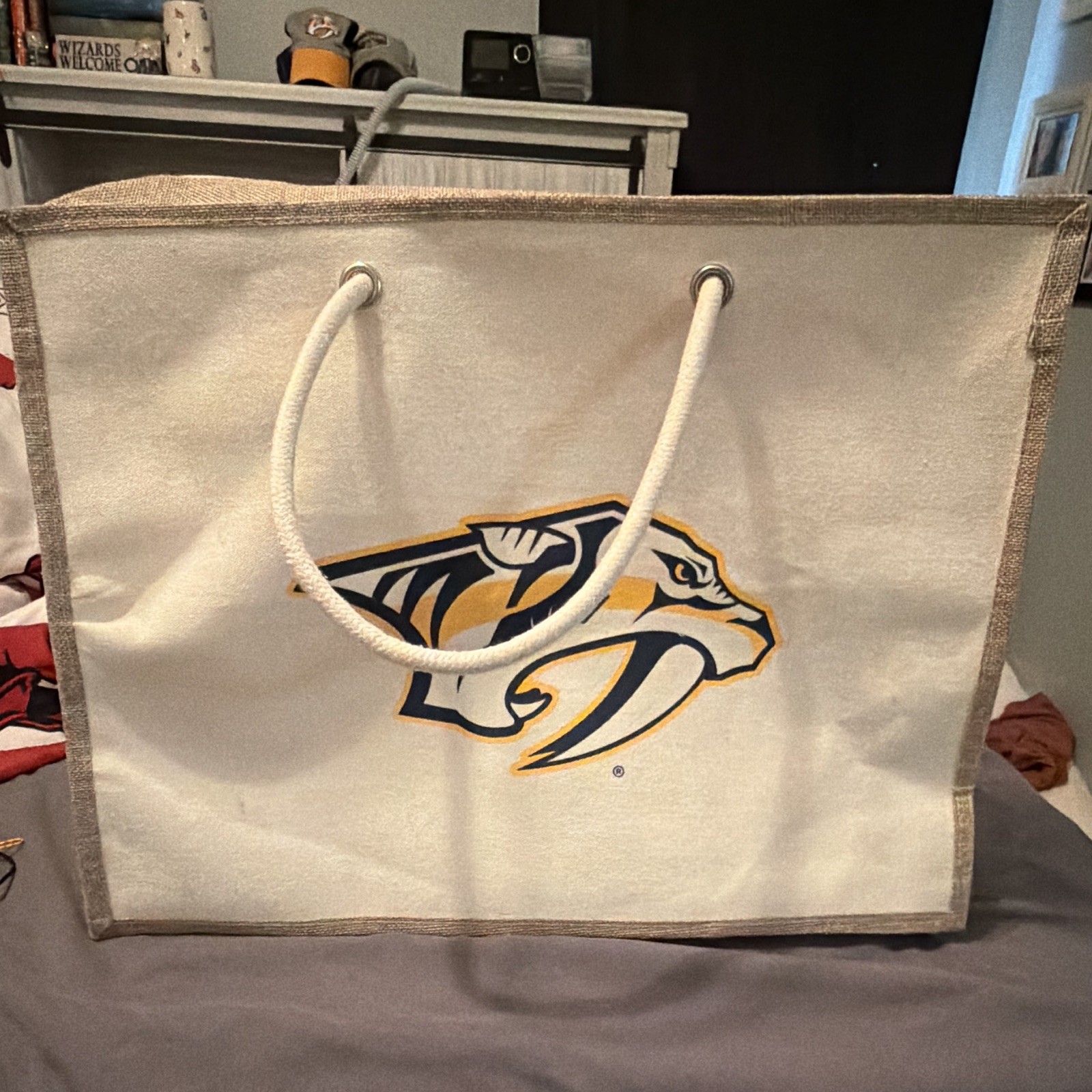 Reusable Tote Shopping Bag White Rope Double Handles Nashville Predators Logo