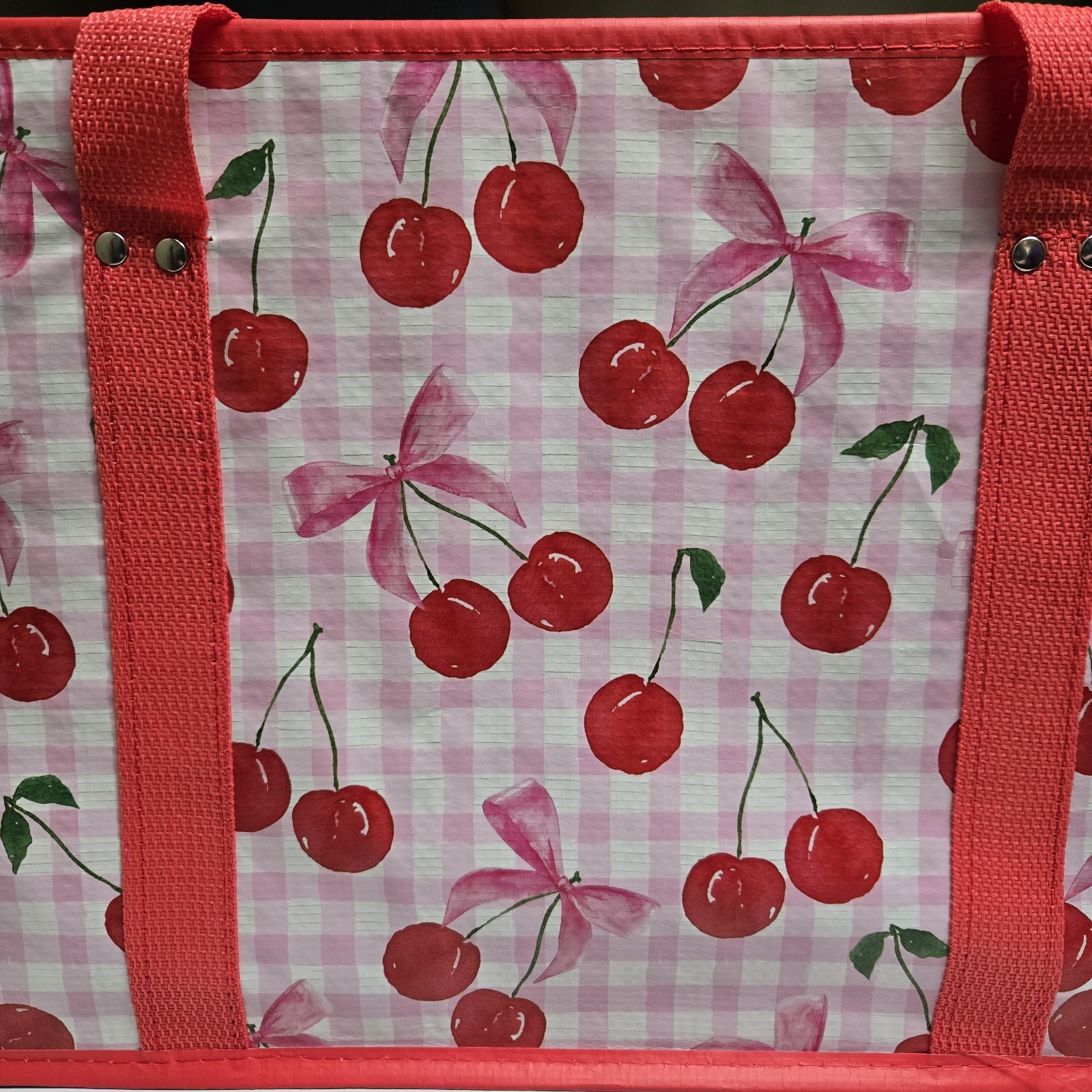 Collapsible Box Tote Cherry Gingham Bows Reusable Folds Flat Heavy Duty NEW