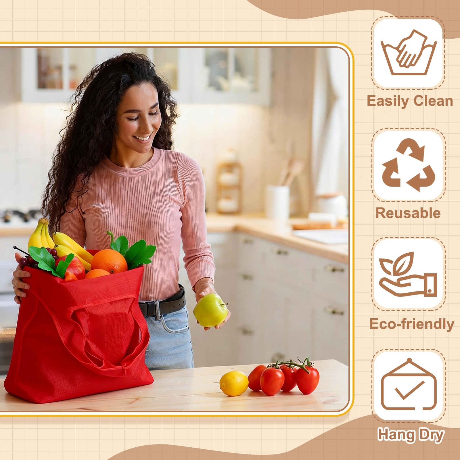 Washable Shopping Bags with Handles Bulk, Foldable Grocery Bags, Purple&L