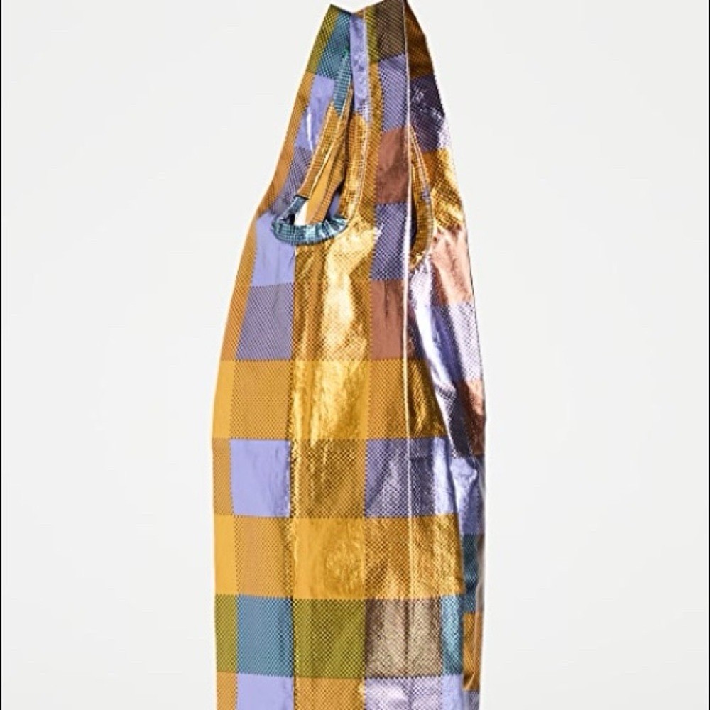 BAGGU MADRAS PLAID METALLIC REUSABLE WINE BAG GOLD PURPLE NWOT