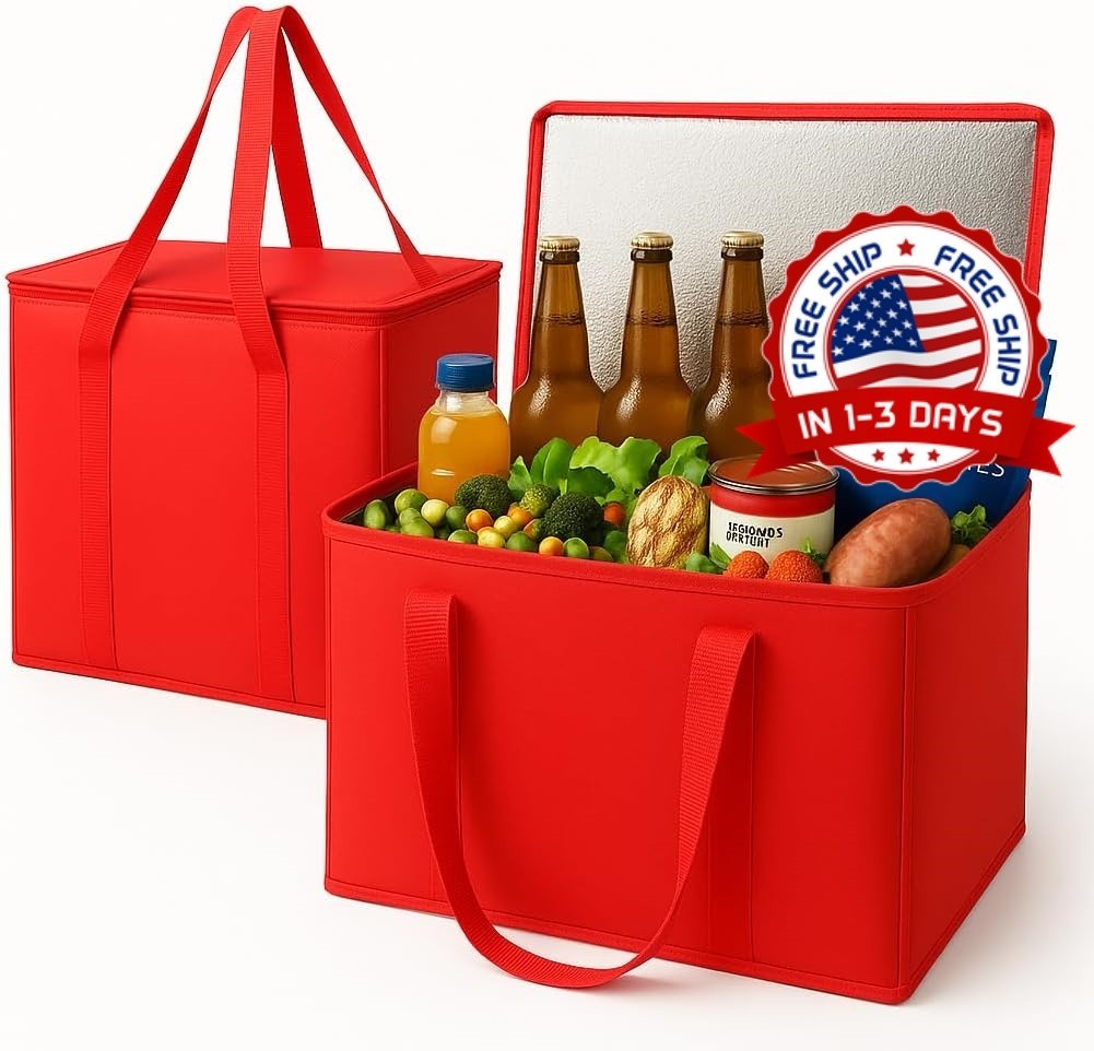 Paquete de 2 bolsas térmicas extragrandes para la compra, rojas, reutilizables.