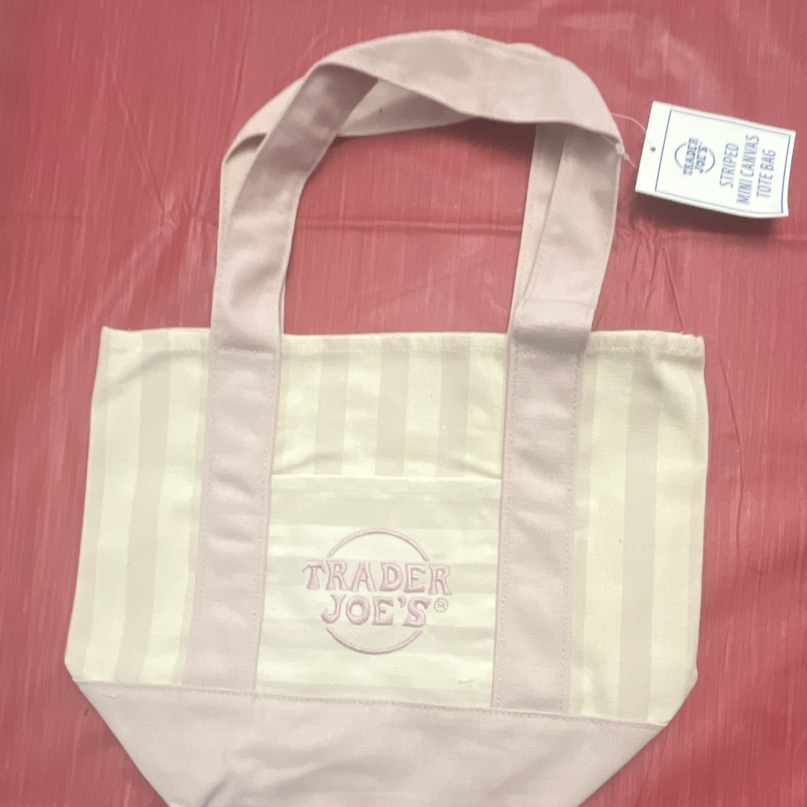 Trader Joe’s Reusable Small Canvas Mini Tote Bag Beige Striped, Spot Clean Only