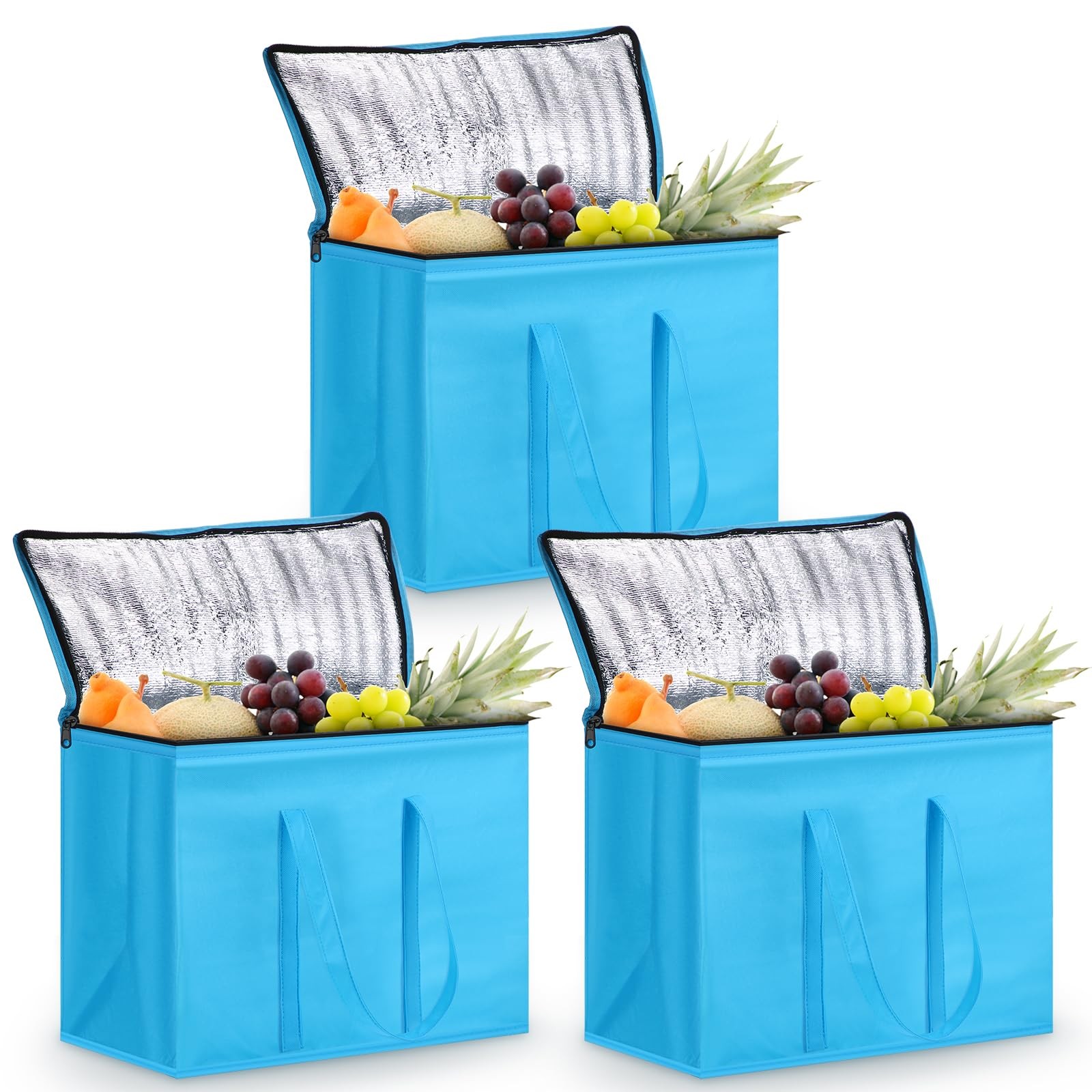 3 PCS Blue XLLarge Insulated Reusable Grocery Bag Foldable Cooler Tote Zip
