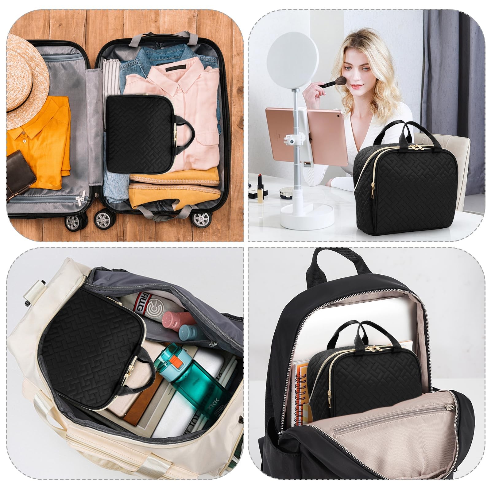 JOYYTUU Makeup Bag, Large Capacity with Room for Brushes and Mirror, Black