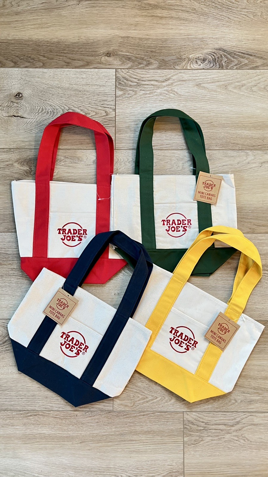 (Set of 4) Trader Joe’s Mini Canvas Reusable Tote Bag Navy Blue/Yellow/Red/Green