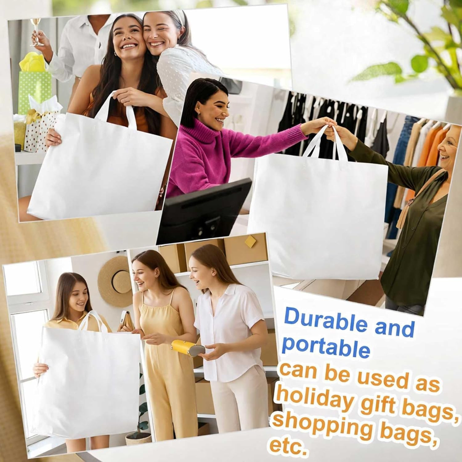 50 Pack 24″ X 24″ Large White Plastic Shopping Bags with Handles Reusable Mercha