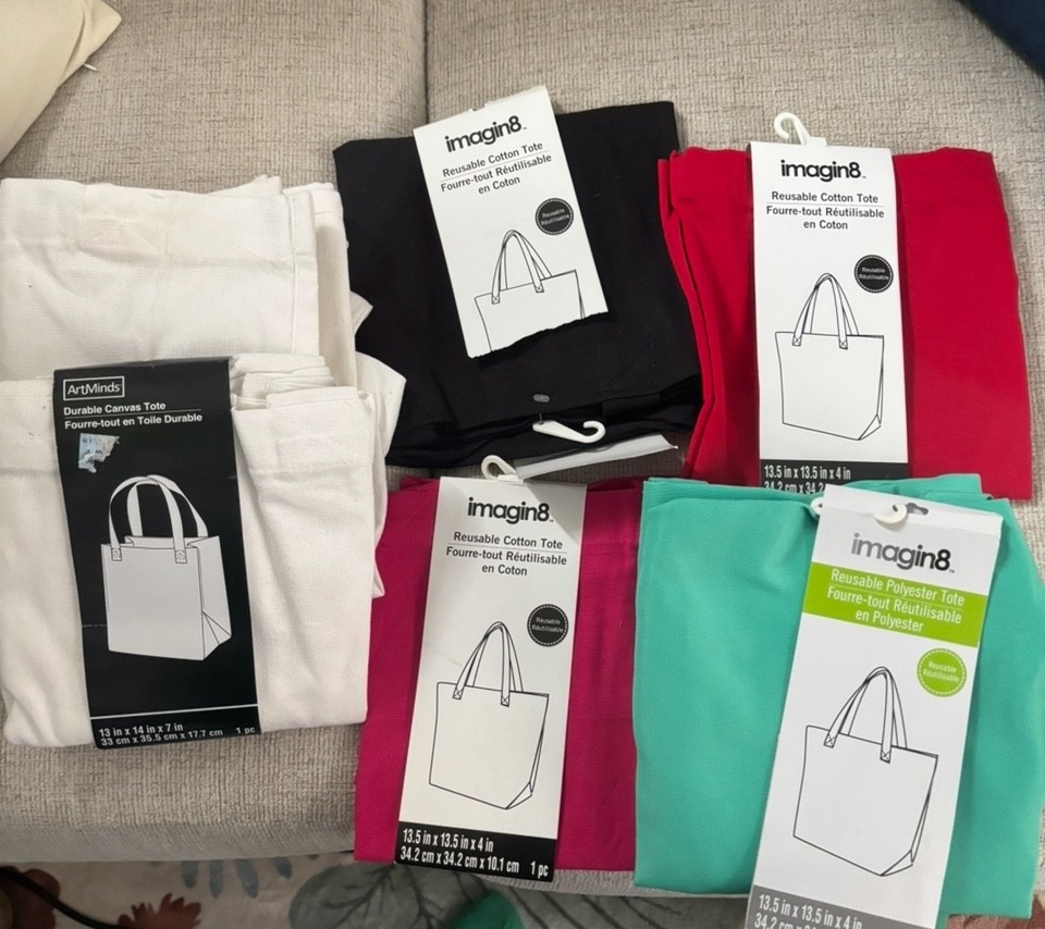 Reusable tote bags great in red, black, pink, green and white